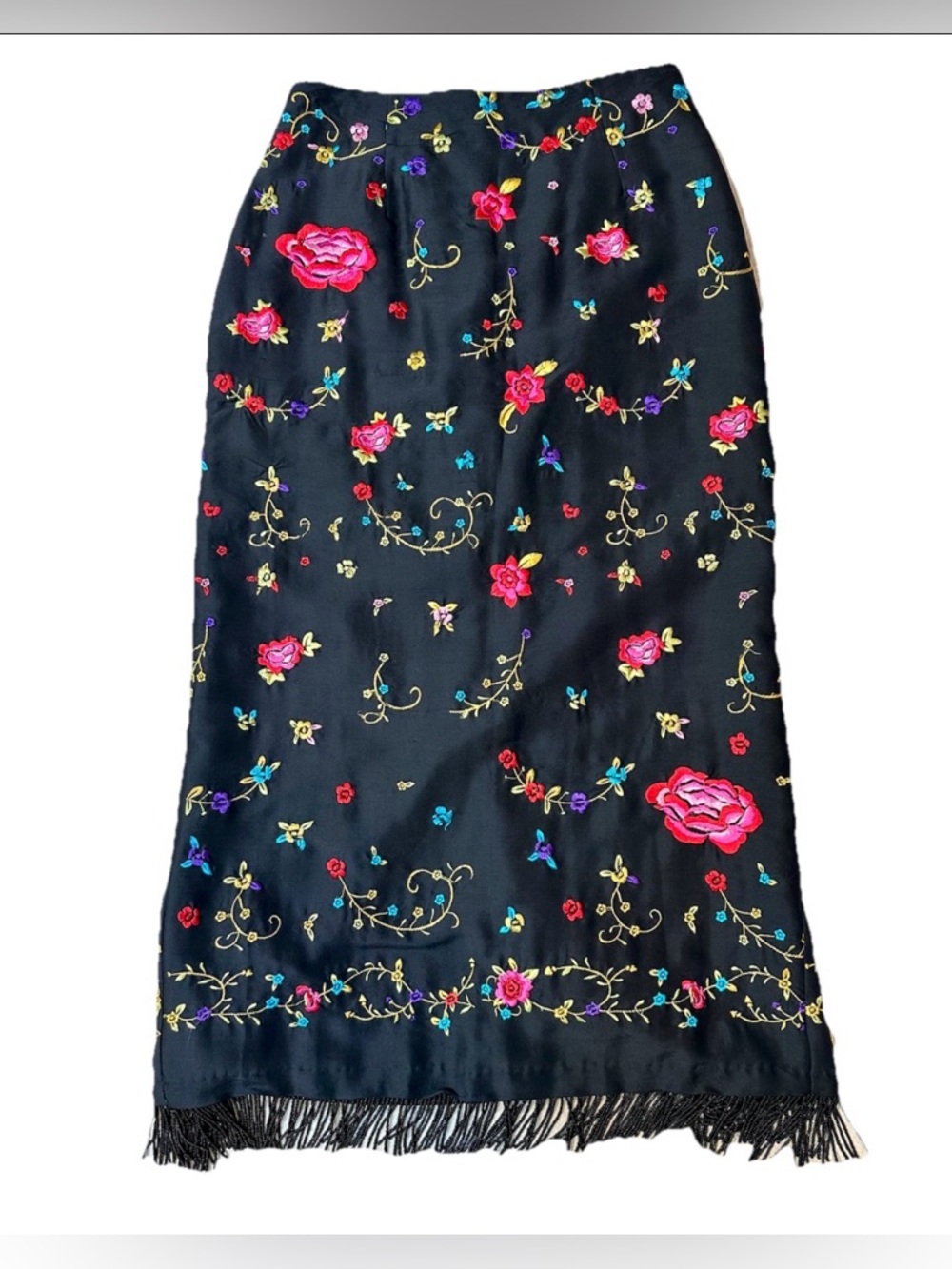 Vintage 90’s CLIO Silk Maxi Skirt 4 Black Floral Embroidered Fringe Whimsy Fairy - Picture 3 of 9